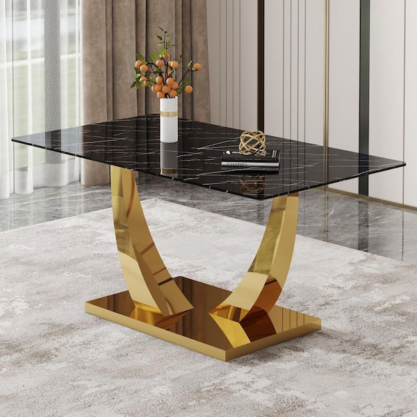 Polibi Black/Gold 63 W Glass Top Dining Table with Pedestal Base Seats  RS095-1308862