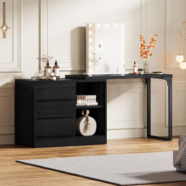 BYBLIGHT Helotes Black Makeup Vanity Table Corner Dressing Table with 3-Drawers and 2-Shelves for Bedroom (Without Mirror)