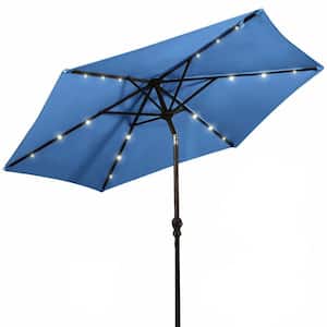 9 ft. Steel Market Solar Tilt Patio Umbrella with Crank and LED Lights in Blue