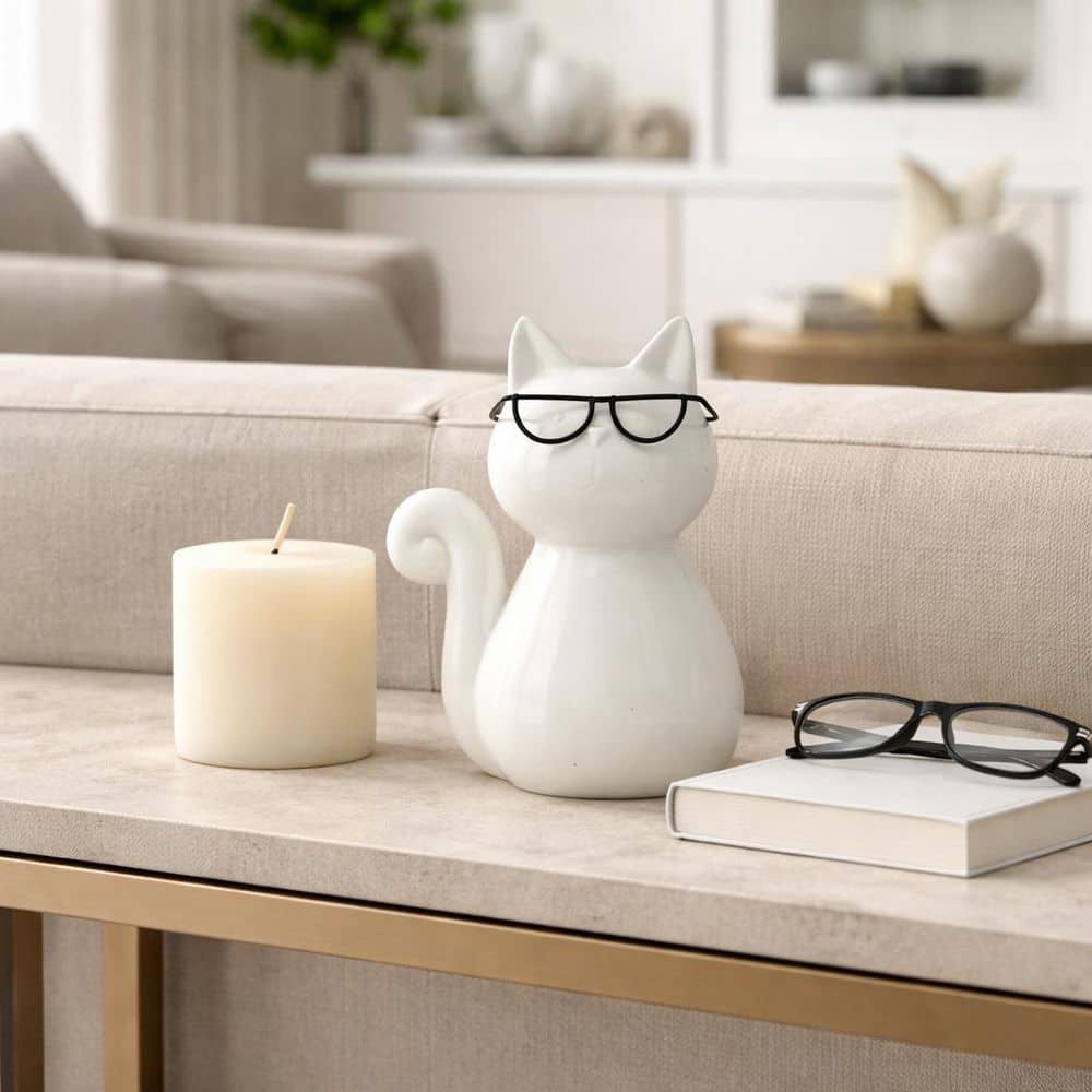 White 6 in. x 8 in. Ceramic Cat with Glasses Decorative Figurine