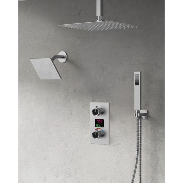 GRANDJOY 12 in. 3-Spray Smart Temperature Square Wall Bar Shower Kit with Hand Shower in Brushed Nickel (Valve Included)