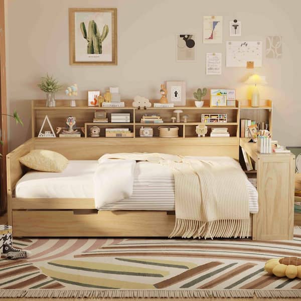Polibi Natural Full Daybed with Storage Shelves, Twin Size Trundle