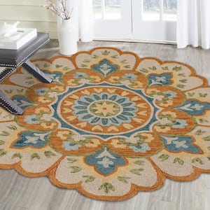 Daliah Hand-Tufted 6 ft. x 6 ft. Rust/Aqua Blue Bohemian Floral Wool Round Indoor Area Rug