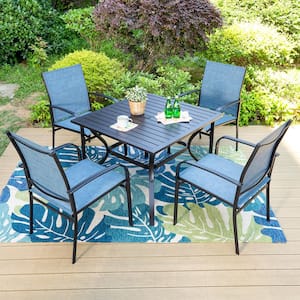 Black 5-Piece Metal Slat Square Table Patio Outdoor Dining Set with Blue Textilene Chairs