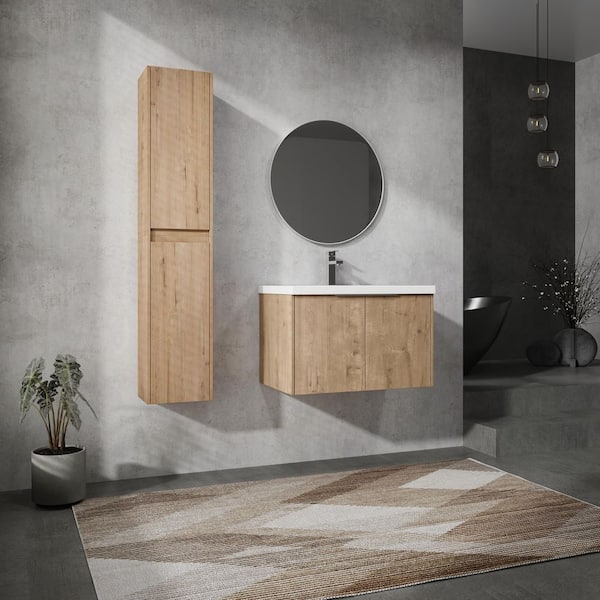 Combined 29.5 in. W X 18.1 in. D x 19.3 in. H Floating Bath Vanity in Imitative Oak with White Resin Vanity Top