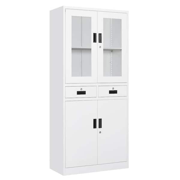 LISSIMO 70.87'' H 4-Tier White Storage Cabinet, Metal Cabinets with Glass Doors and Shelves, Kitchen Organization