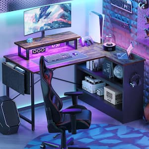 42.1 in. LED Gaming Desk with Storage Shelf and Monitor Stand Rustic Brown