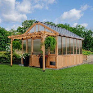 Bellerose XL 13 ft. x 11 ft. Cedar Wood Walk-In Greenhouse Kit Pergola and Temperature-Activated Fan for Outdoor Garden