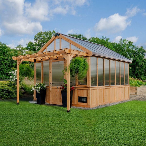Bellerose XL 13 ft. x 11 ft. Cedar Wood Walk-In Greenhouse Kit Pergola and Temperature-Activated Fan for Outdoor Garden