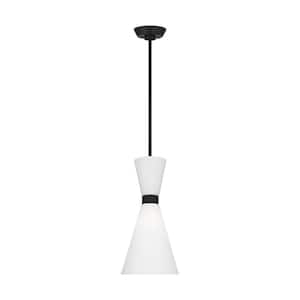 Belcarra Small 8 in. W x 16.375 in. H 1-Light Midnight Black Statement Pendant Light with Etched White Glass Shade
