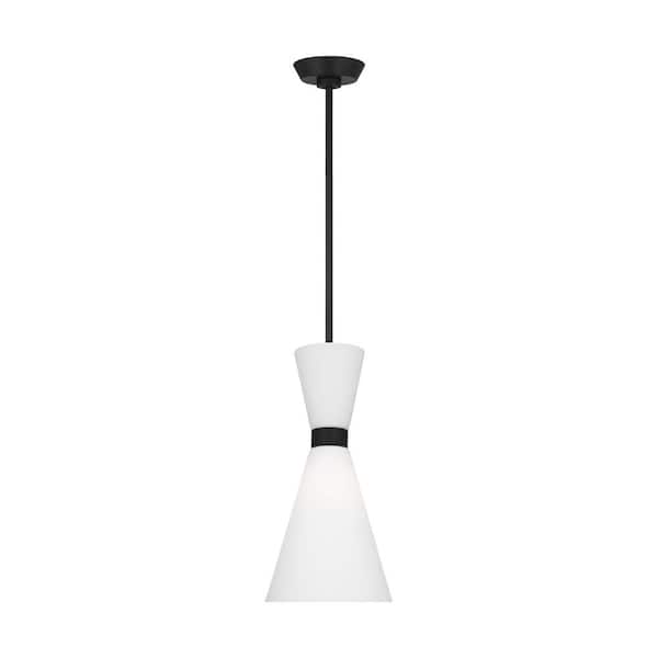 SCOTT LIVING Belcarra Small 8 in. W x 16.375 in. H 1-Light Midnight Black Statement Pendant Light with Etched White Glass Shade