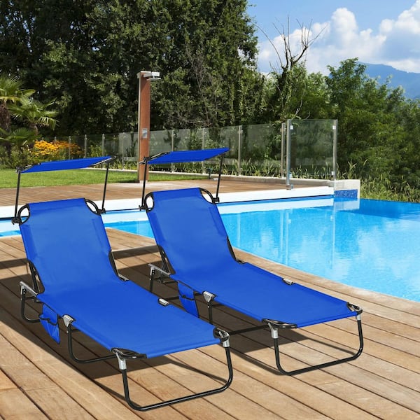 Siavonce Outdoor Folding Steel Lawn Chairs with Canopy Shade, Reclining Backrest, Steel Frame and Side Pockets, Blue (2-Piece)