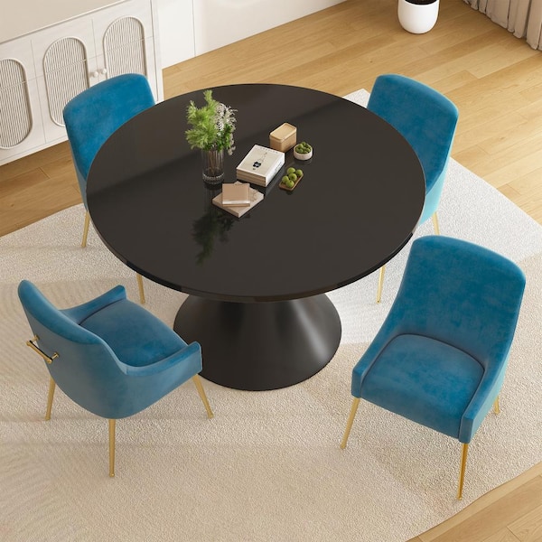 Boyel Living 5-Piece Round Stainless Steel Black MDF Top Table Set Seats 4 (4 Light Blue Dining Chairs)