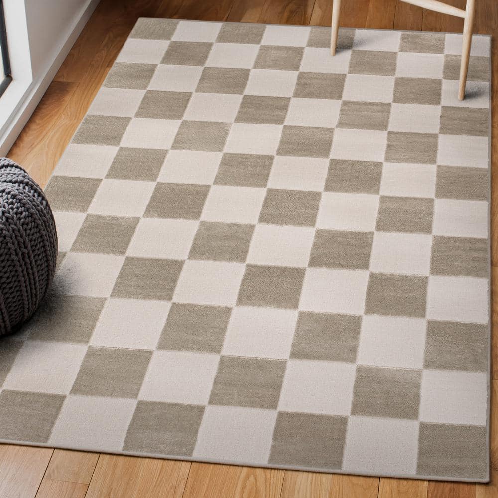 Beige and Cream Geometric Checkerboard 5 x 8 Area Rug