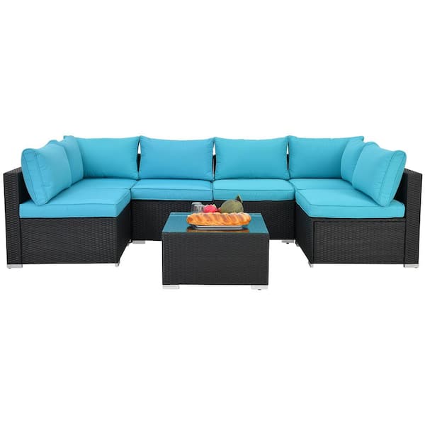 Kadehome Black Frame 7-Piece Various Combination Wicker Patio Conversation Set with Glass Top Coffee Table and Blue Cushions