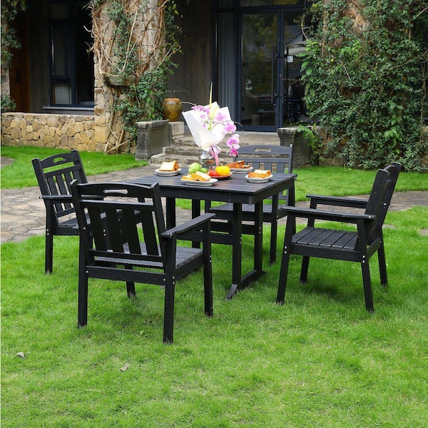 Kira Black 5-Piece HDPE Plastic Square Patio Outdoor Dining Table Set with 4 Vertical Slatted Back Chairs