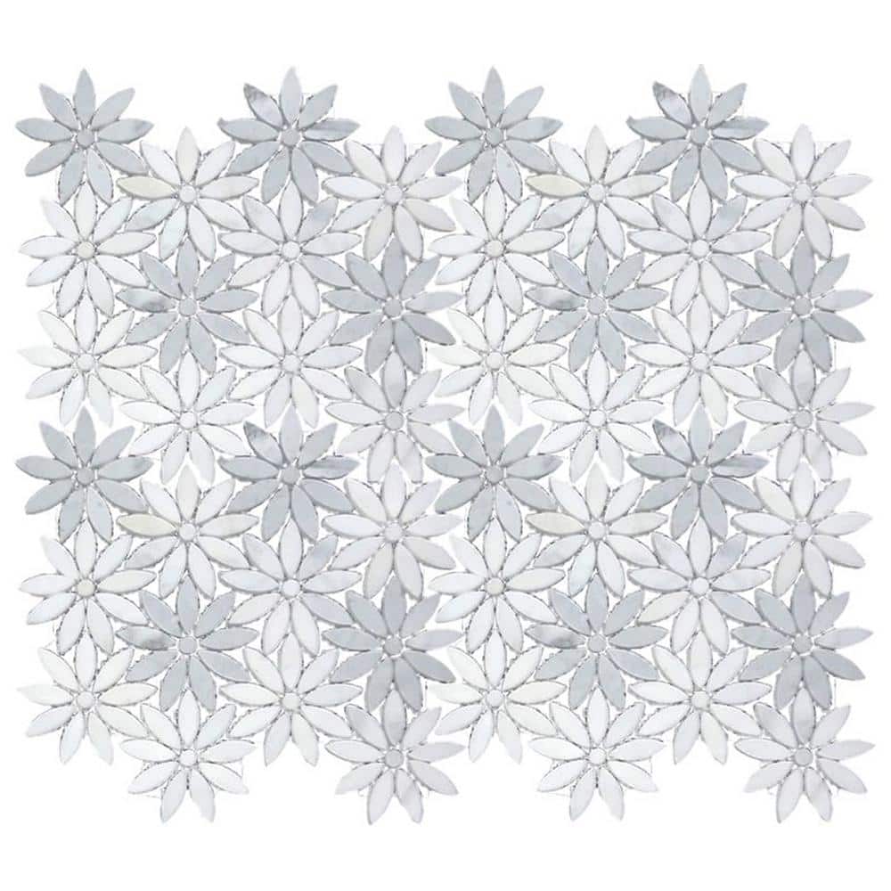 Polished White and Gray Floral Marble Mosaic Tile