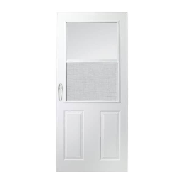 EMCO 200 Series 32 in. x 80 in. White Universal Mid-View Traditional Self-Storing Aluminum Storm Door with White Hardware
