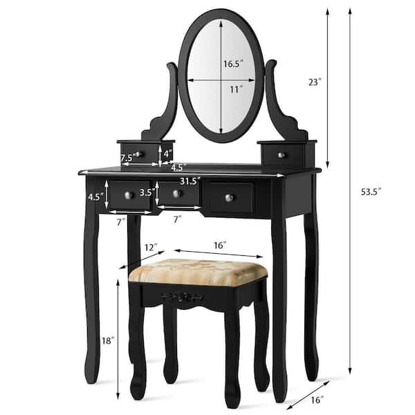 Costway 5 Drawer Black Vanity Table Set, Vanity Dresser Dimensions