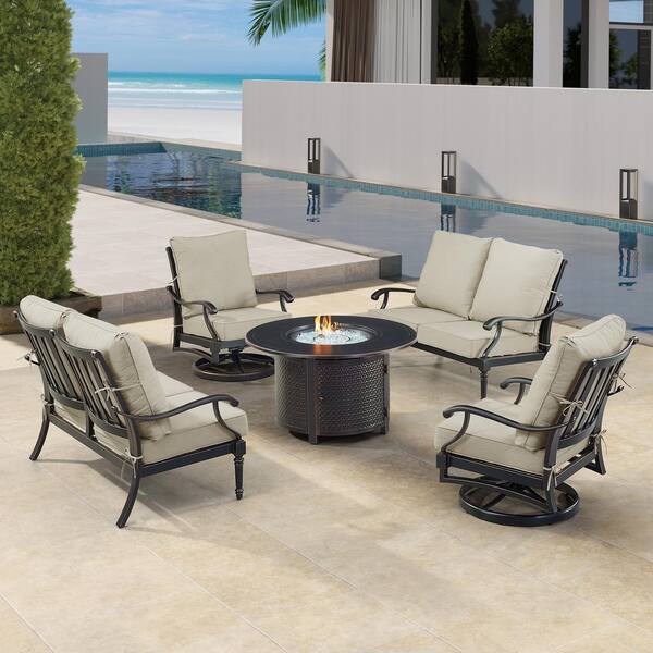 Oakland Living Black 5-Piece Aluminum Patio Fire Table Set with Light Grey Cushions