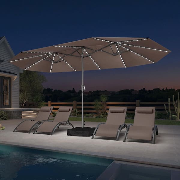 15 ft. Gray Aluminum Solar LED Lights Market Umbrella with Double-Sided Outdoor Patio Umbrellas with Base in Taupe