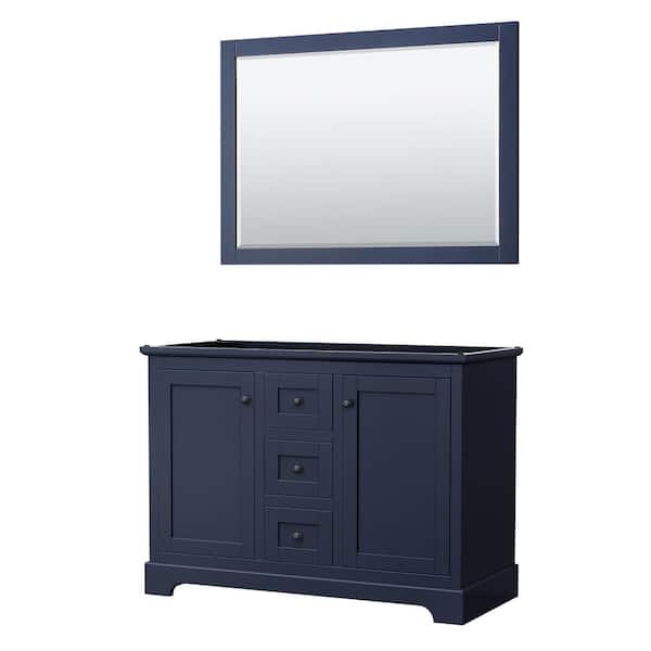 Wyndham Collection Avery 47.25 in. W x 21.75 in. D x 34.25 in. H Double Bath Vanity Cabinet without Top in Dark Blue with 46 in. Mirror