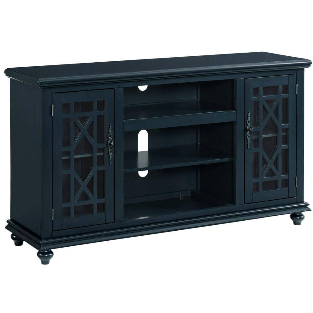 Catalina Blue Transitional 63" TV Stand with Trellis Glass Doors