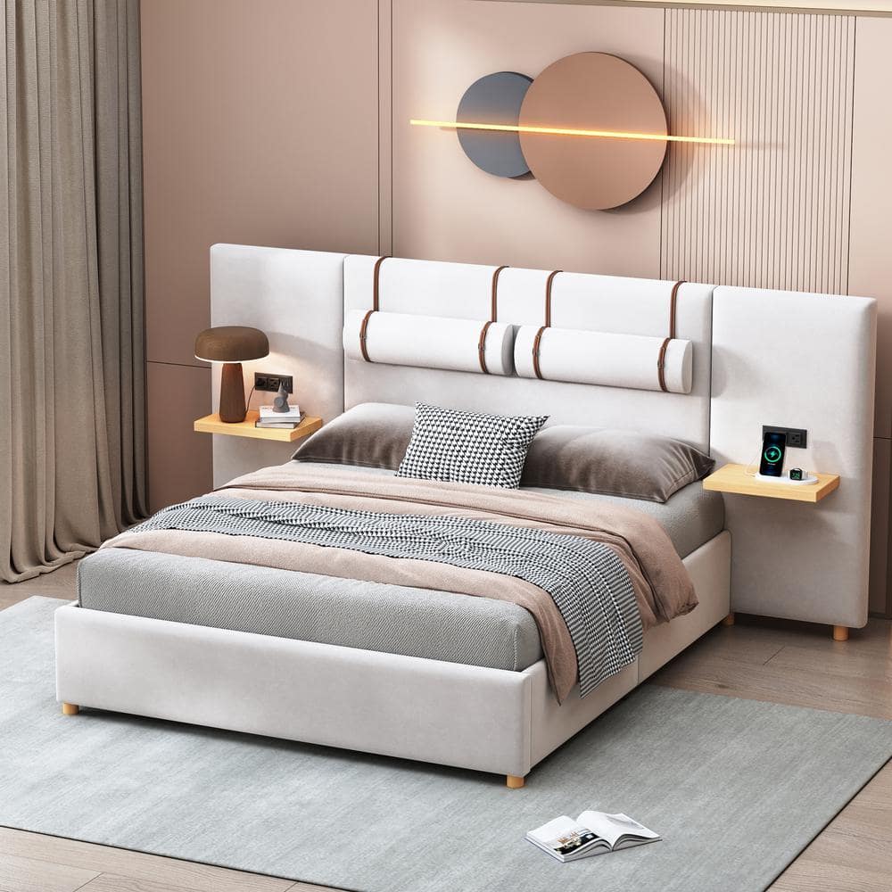 Beige Wood Frame Queen Velvet Upholstered Platform Bed with Outlets, USB Charging Ports on Both Sides, Storage Shelves -  Harper & Bright Designs, NT100AAA-Q