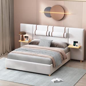 Beige Wood Frame Queen Velvet Upholstered Platform Bed with Outlets, USB Charging Ports on Both Sides, Storage Shelves