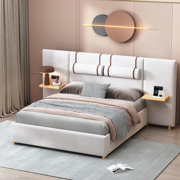 Harper & Bright Designs Beige Wood Frame Queen Velvet Upholstered Platform Bed with Outlets, USB Charging Ports on Both Sides, Storage Shelves