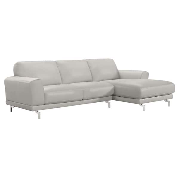 Armen Living Everly Dove Grey Contemporary Sectional in Genuine Leather with Brushed Stainless Steel Legs