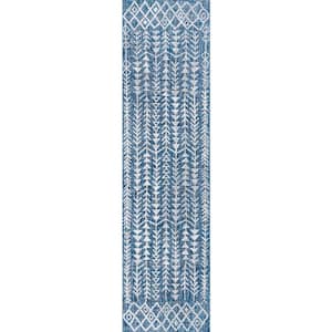 Tokay Blue/Ivory 2 ft. x 10 ft. Bohemian Geometric Indoor/Outdoor Area Rug