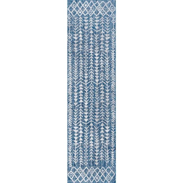 Tokay Blue/Ivory 2 ft. x 10 ft. Bohemian Geometric Indoor/Outdoor Area Rug