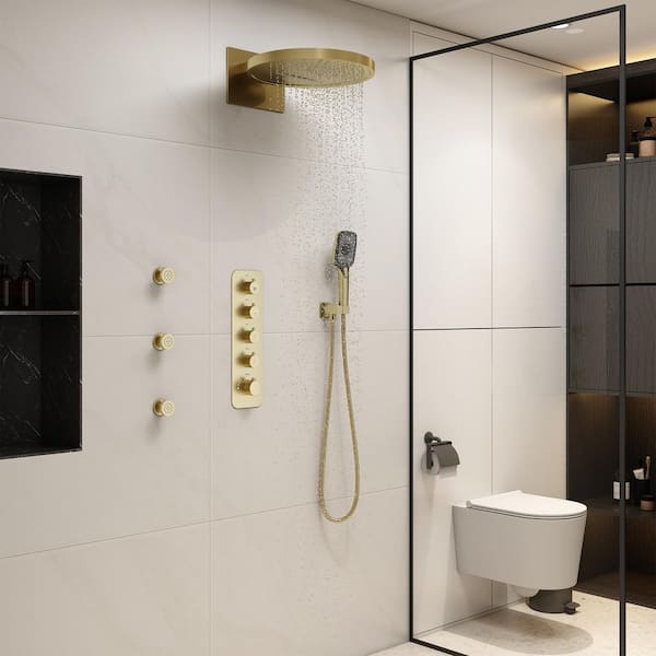 3-Spray Thermostatic Dual Shower Head Wall Mount Fixed and Handheld Shower Head 2.5 GPM with Body Spray in Brushed GOld