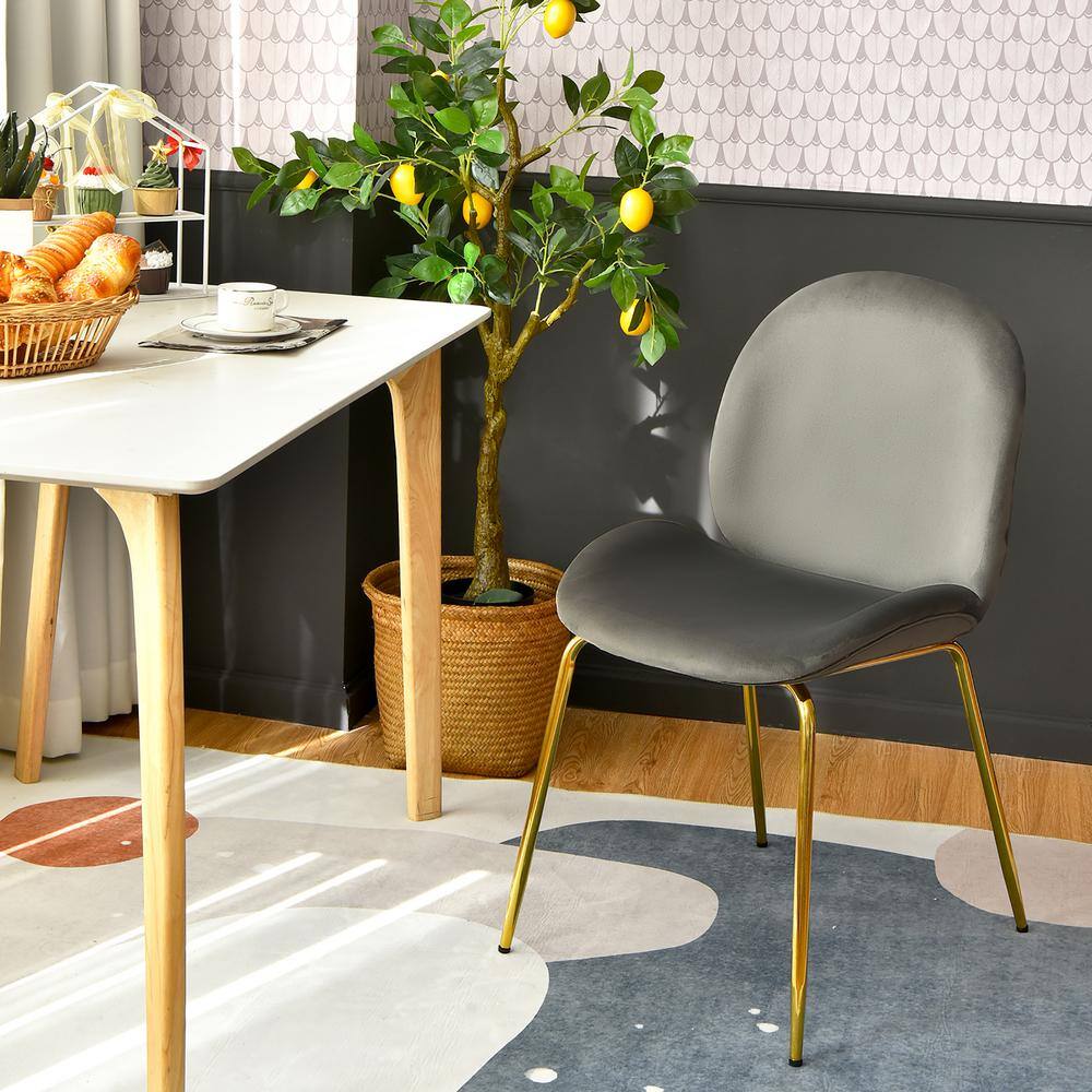 Gray Velvet Upholstered High Back Side Chair with Wood and Metal Frame