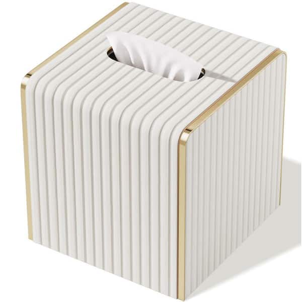 Cream White Square Leather Tissue Box Cover with Gold-Tone Edging for Bathroom Bedroom Desk Decor