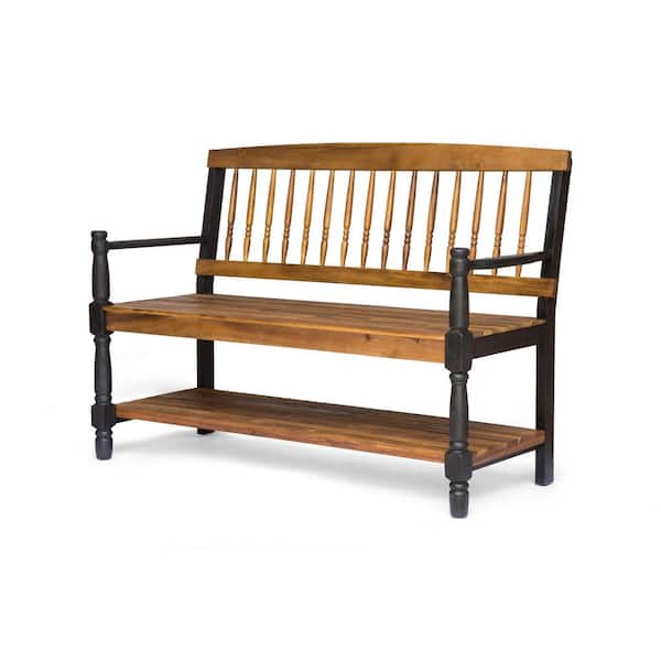Farmhouse Acacia Wood Outdoor Bench with Built-in Shelf, Brown PlusTeak Finish, Handcrafted Details