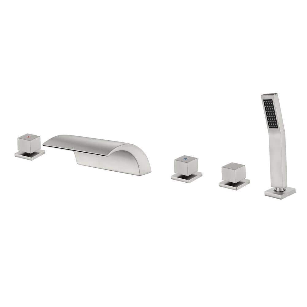 2-Handle Deck-Mount Roman Tub Faucet with Waterfall and Hand Shower in. Bru