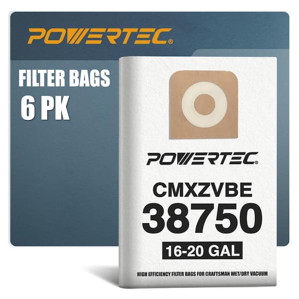 ‎POWERTEC Dust Collection Bags for Craftsman 38750 Shop Vacs, Replacement Filter Bag for 16-20 gal. CMXEVBE 17595/17607/18695,6PK