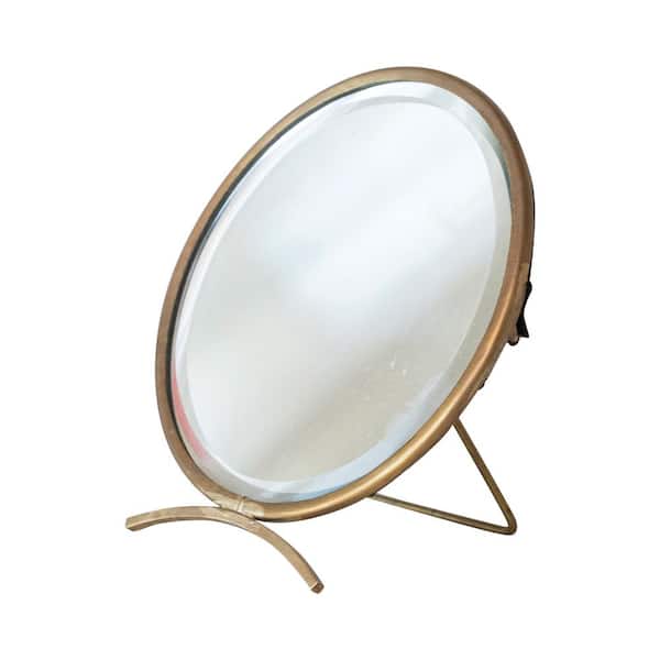 Storied Home 5 in. W x 5.5 in. H Brass Antique Finish Round Mirror on Stand