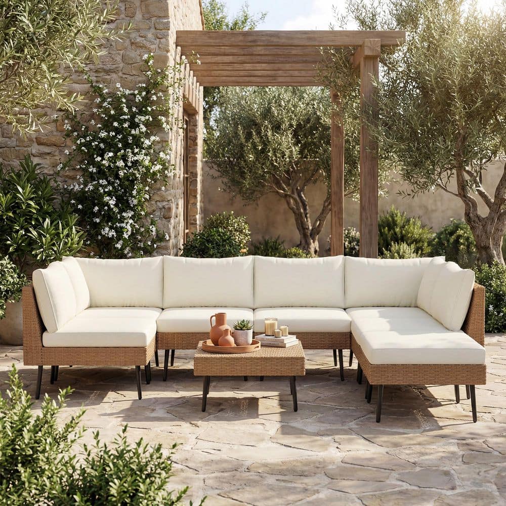 Brown 8-Piece Outdoor Wicker Patio Conversation Set with Beige Cushions and Ottoman price history on PriceWatchPro