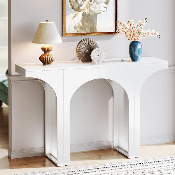 LARMNEE 39.4" Farmhouse Entryway Table With Storage, Narrow Console Table With Open Shelves And 2 Cabinets, Sofa Table With Sliding Barn Doors, For Hallway, Living Room, White And Walnut WH81XG01