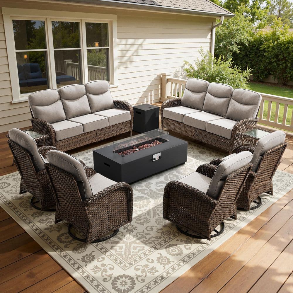 Luna Brown 9-Piece Wicker Outdoor Patio Fire Pit Seating Set with 6-Inch Olefin Beige Cushions price history on PriceWatchPro