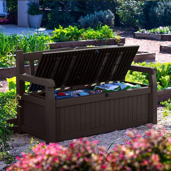 70 Gal. Brown Resin Outdoor Storage Bench Z08WVHV3H5 - The Home Depot