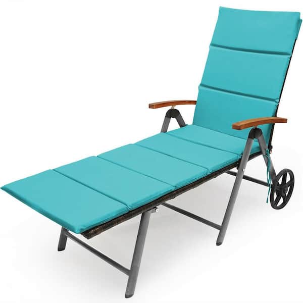 ANGELES HOME 73 in. L PE Wicker Folding Outdoor Chaise Lounge Chair with Wheels and Turquoise Cushion