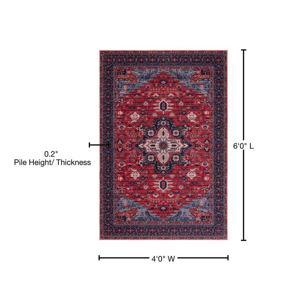 Serapi Red and Navy 4' x 6' Viscose Area Rug