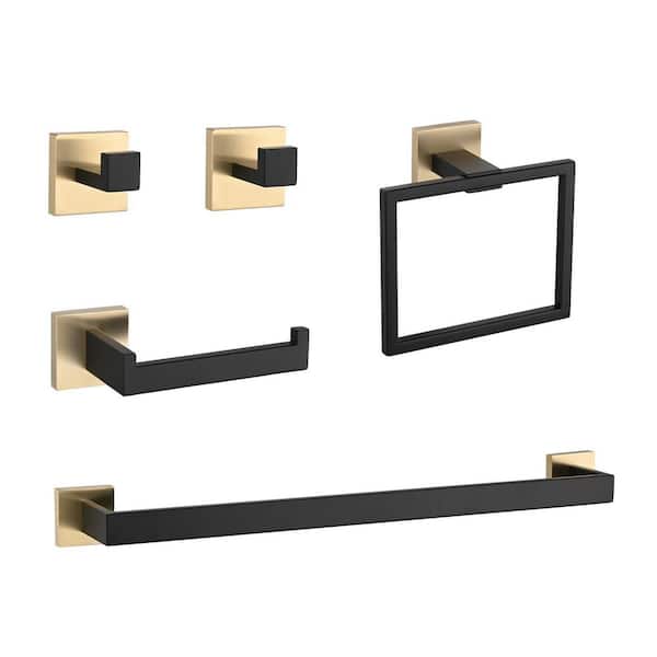 5-Piece Bathroom Towel Rack Set: Towel Bar + Ring + Hooks + TP Holder, Brushed Finish in Black and Gold