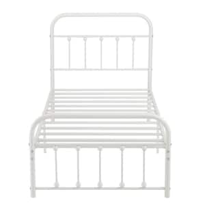 Victorian Bed Frame White, Heavy Duty Metal Bed Frame, Twin Platform Bed with Headboard，No Box Spring Needed