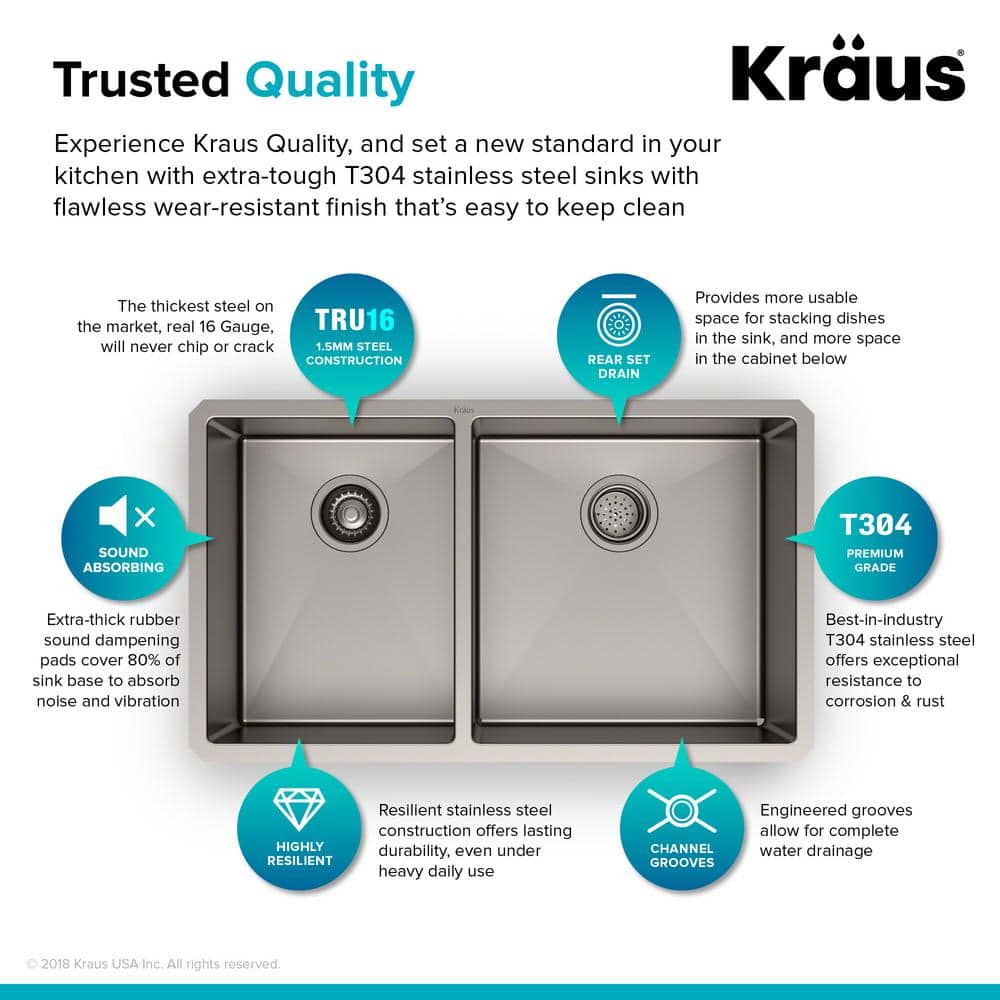 Kraus 33'' Satin Stainless Steel Double Bowl Undermount Kitchen Sink