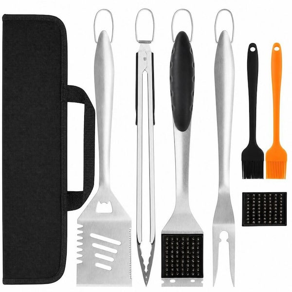 8-Piece BBQ Grill Tools Set with Extra Thick Stainless Steel Spatula, Fork, Tongs, Cleaning Brush & Portable Bag, Black